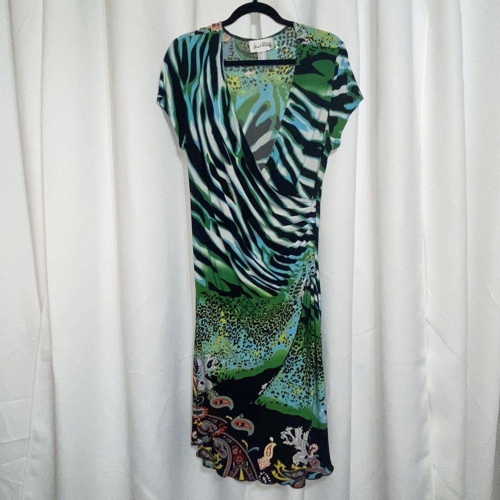 Joseph Ribkoff Animal &‎ Paisley Stretch Dress Women's 14 Faux Wrap Cap Sleeve